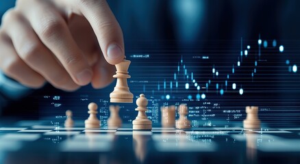 A close-up of a hand making a move in a chess game, symbolizing strategic thinking and decision-making, with digital data graphics in the background.