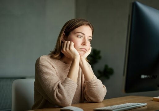 Young office worker is staring blankly at her computer screen with a bored expression, resting her chin on her hands