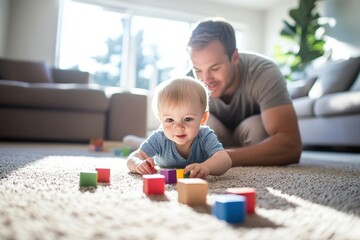 Young stay at home father is bonding with his baby while playing with colorful wooden blocks on the floor of their living room