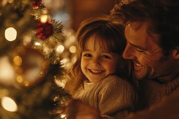 A joyful father and daughter celebrating Christmas by the tree, radiating love.