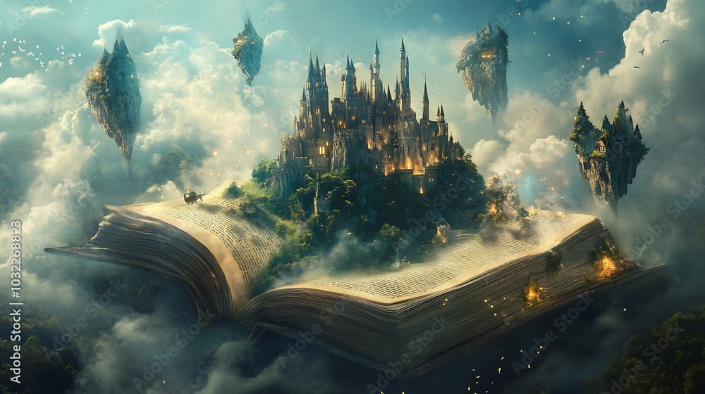 Poster open book with a magical fantasy world emerging a towering castle surrounded by floating islands and
