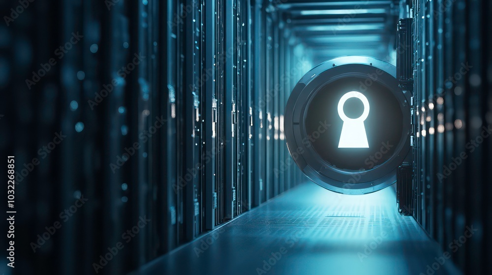 Poster a glowing keyhole icon in a futuristic server room, symbolizing data security and access.