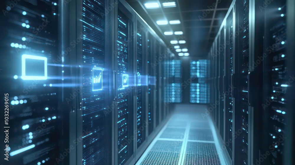 Poster a server room with rows of servers and data flowing through the network.