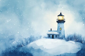 Watercolor painting of a lighthouse standing on a snowy hilltop, emitting a warm light that cuts through the falling snow