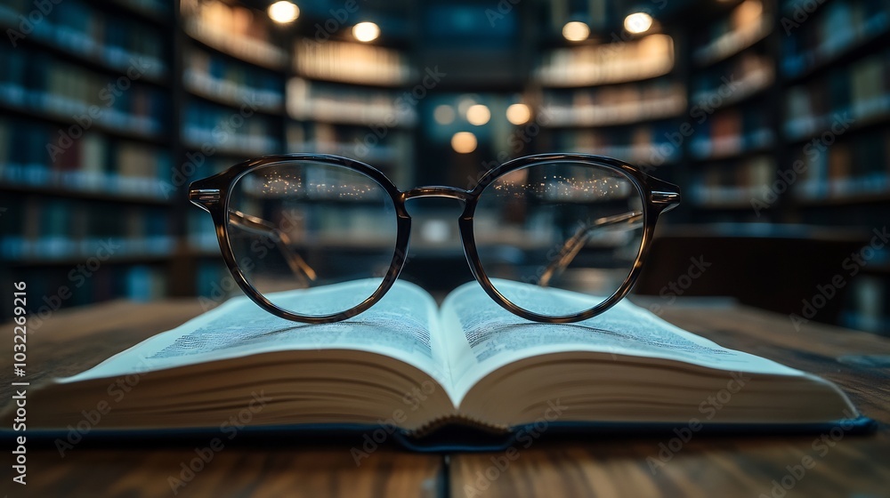 Poster open textbook resting on a wooden library table accompanied by stylish glasses with a soft focus on 