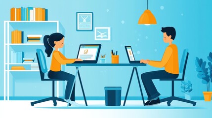 Fototapeta premium Children Studying at Desks in Bright Home Environment