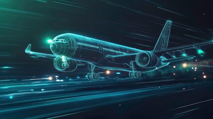 Fototapeta premium A futuristic digital airplane flies over a glowing runway.
