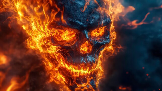 A skull engulfed in fiery flames with glowing eyes.