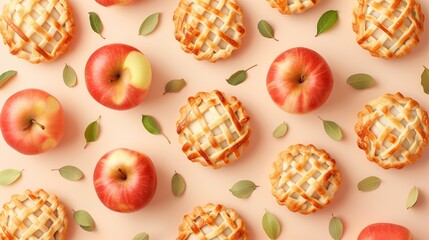 Pie fruity tartlet pattern seamless diagonal and apple slice on pink background