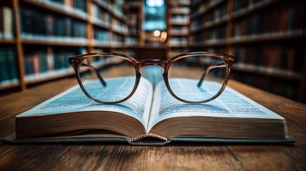 Open textbook resting on a wooden library table accompanied by stylish glasses with a soft focus on the bookshelves in the background creating an inviting atmosphere for learning