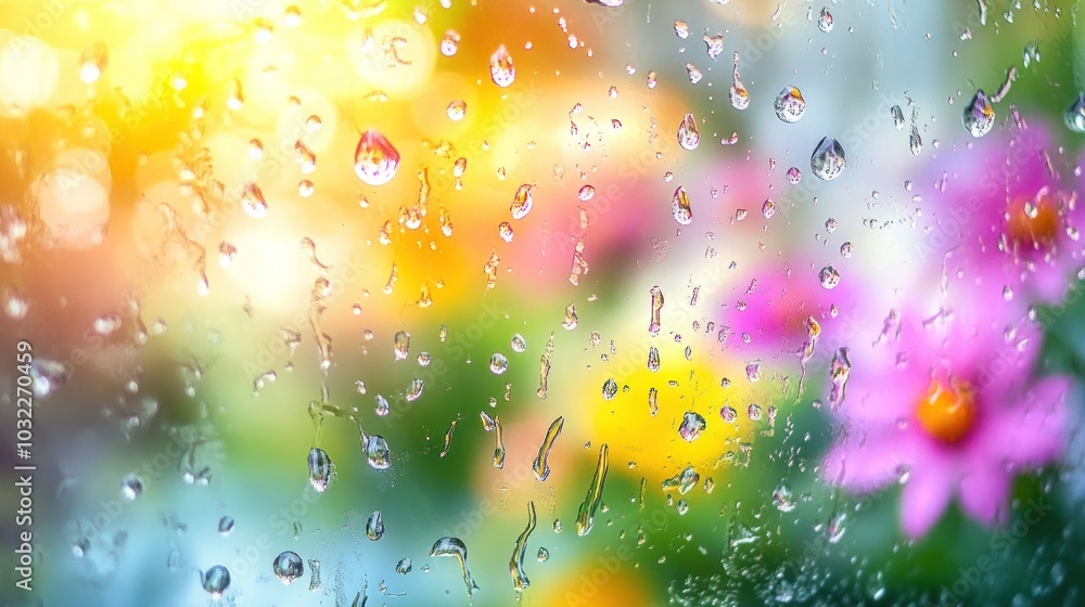 Poster raindrops on a window pane with a blurred background of colorful flowers and sunlight.