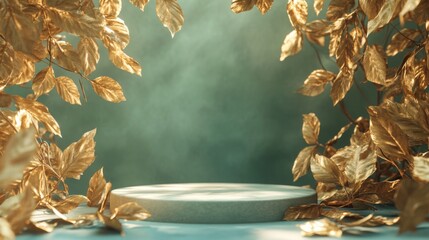 The environment showcases a round podium surrounded by glimmering golden leaves, bathed in soft, ambient light.