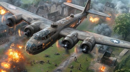 Fototapeta premium A vintage bomber plane flies low over a town engulfed in flames and smoke, with soldiers scattered on the ground below.