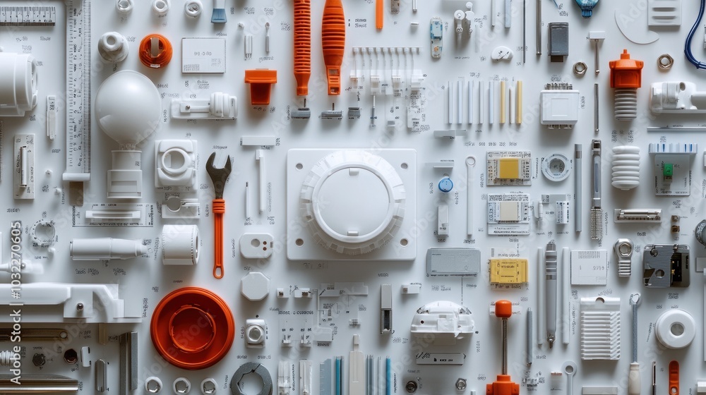Aufkleber white and orange background of various tools and small objects.