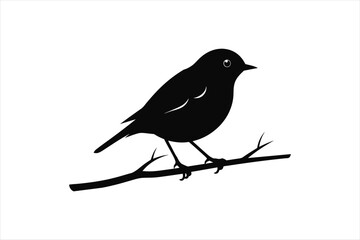  Robin bird sitting on a branch silhouette black vector art illustration.
