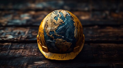 Artistic depiction of globe encased in a hard hat emphasizing the importance of safety and health in the workplace designed for the World Day of Safety and Health at Work awareness campaign