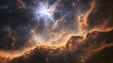 A breathtaking cosmic landscape filled with swirling nebula clouds and glowing distant stars illuminating the vastness of space