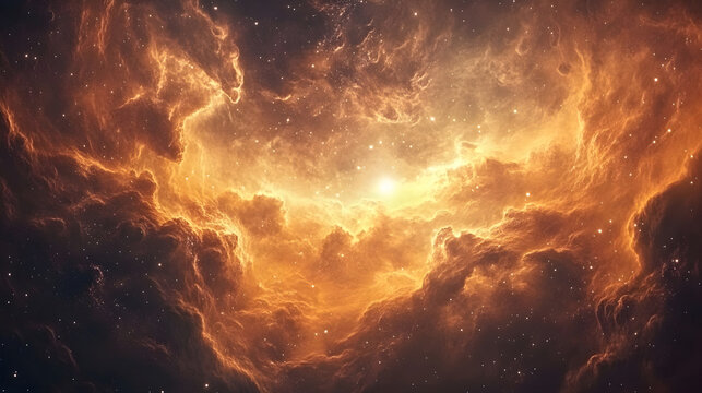 A breathtaking cosmic landscape filled with swirling nebula clouds and glowing distant stars illuminating the vastness of space