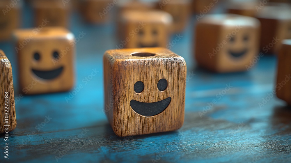 Aufkleber artistic display of wooden cubes arranged a calming blue backdrop each cube showcasing different emo