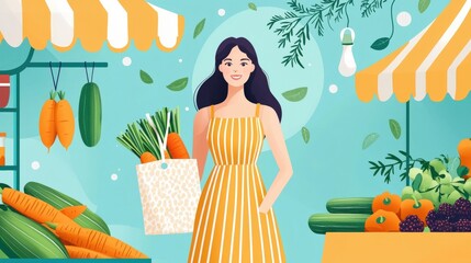 Young Woman in Summer Dress at Colorful Market