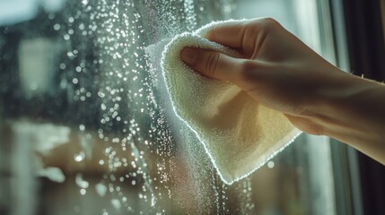Fototapeta premium A hand wipes a cloth against a window with droplets of water, creating a clear outlook. The sunlight shines through, highlighting the sparkling effect on the glass as it is cleaned.