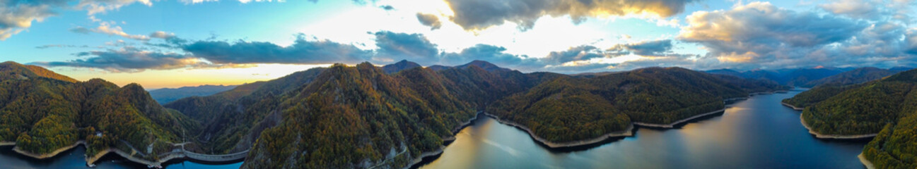 Panoramic view of Lake Vidraru - Romania seen from above in the evening