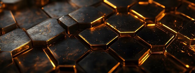 A close-up of the hexagonal tiles on a floor, each tile made up of gold and black metal, against a dark background