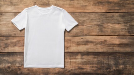 Plain white t-shirt on rustic wooden background for fashion design mockups copy space 