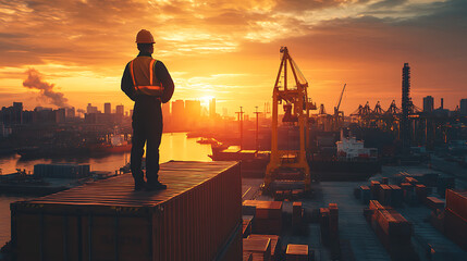 A single person standing on top of a container at a port factory, with a large crane in the background lifting cargo