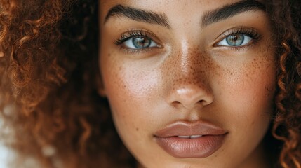 Fototapeta premium Close-up portrait of a woman with curly hair and freckles, showcasing her captivating blue eyes and natural beauty indoors