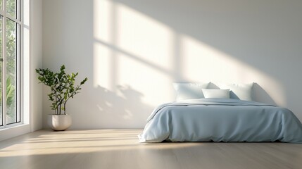 A serene and minimalist bedroom featuring a pale blue bed against white walls, enhanced by natural sunlight and a decorative plant, creating a peaceful atmosphere.