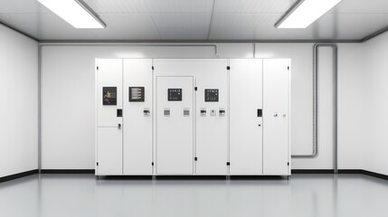 A large, white control panel with several digital screens in a clean, white industrial room.