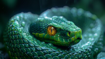 Fototapeta premium A close-up view of a green snake with a bright yellow eye looking directly at the camera with water droplets on its scales.