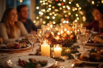 Festive dinner setting with candles, food, and joyful atmosphere.
