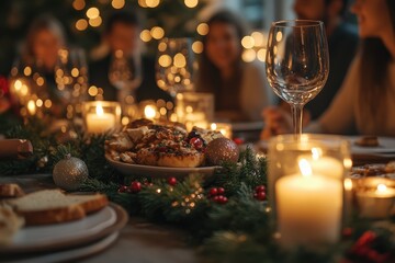 Fototapeta premium Festive dinner table with candles, gourmet food, and holiday decorations, warm ambiance