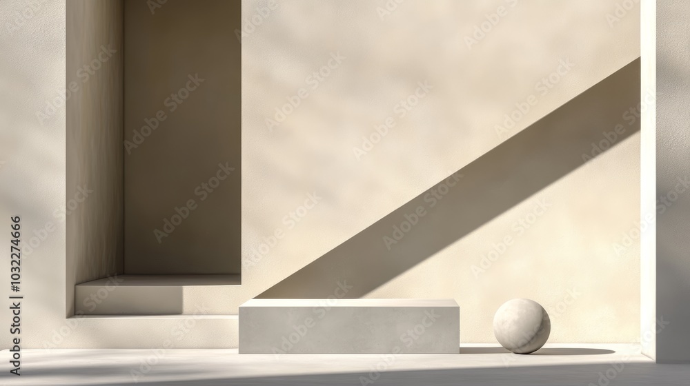 Poster a minimalist composition featuring geometric shapes and soft shadows, creating a serene and modern a