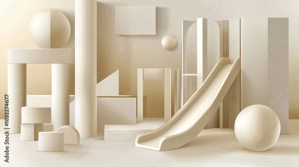 Poster a minimalist arrangement of geometric shapes, including a slide and various solids, all in soft, neu