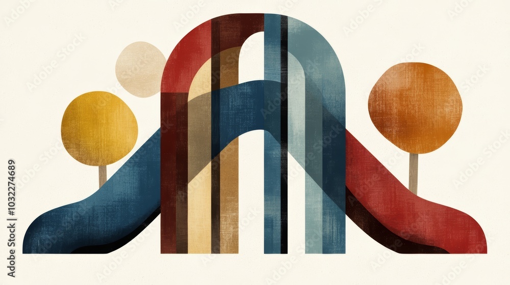 Poster a colorful abstract depiction of a playground slide with stylized trees, emphasizing playful shapes 