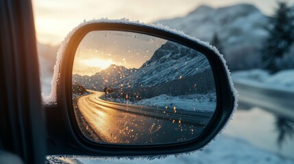 The warm glow of a sunset illuminates snow-covered peaks, while droplets of water cling to a car's side mirror, capturing the beauty of winter driving on a winding mountain road.