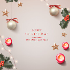 3d realistic vector illustration. Christmas festive banner with lights. Celebration banner, with candles and christmas balls and holly branches with berries.