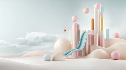 A whimsical landscape featuring colorful towers, soft shapes, and a playful slide, set against a serene sky with light clouds.
