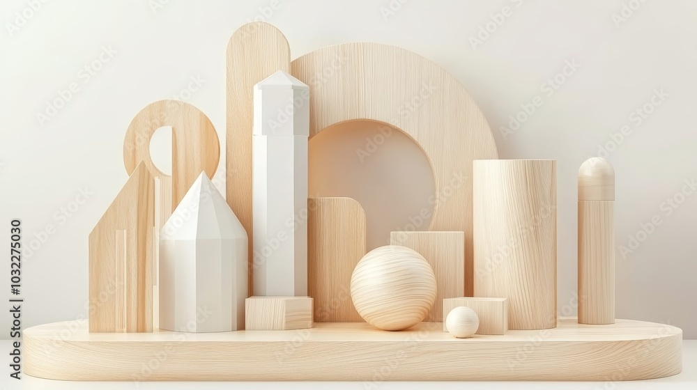 Poster a minimalist arrangement of wooden geometric shapes and forms in natural tones, creating an artistic