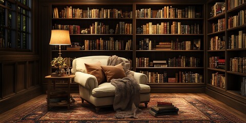 A cozy armchair sits in front of a large bookshelf filled with books, perfect for reading and relaxing.