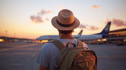 Traveler with a backpack observing the sunset at the airport with airplanes lined up in the background