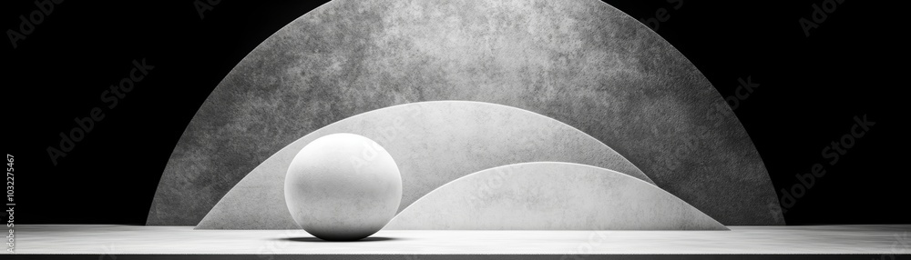 Poster a minimalist composition featuring a sphere in front of layered semicircles, creating a striking con