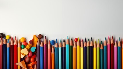concept school Back space copy background white view Top banner border double supplies to supply frame colourful variety long row many assortment object education crayons fun learning
