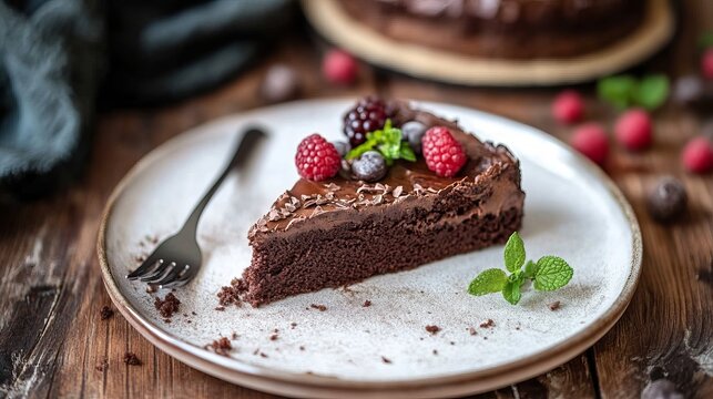 A slice of chocolate cake on a white plate with a fork beside it.