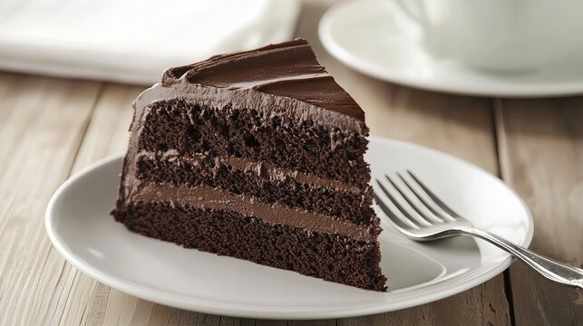 A slice of chocolate cake on a white plate with a fork beside it.