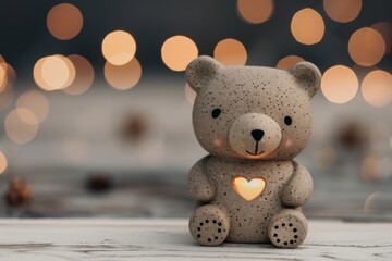 An adorable ceramic bear displaying a bright heart on its chest, sitting on a warm backdrop with soft bokeh lights, conveying love and warmth.