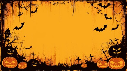 A Halloween-themed graphic featuring bats, pumpkins, and a spooky background.